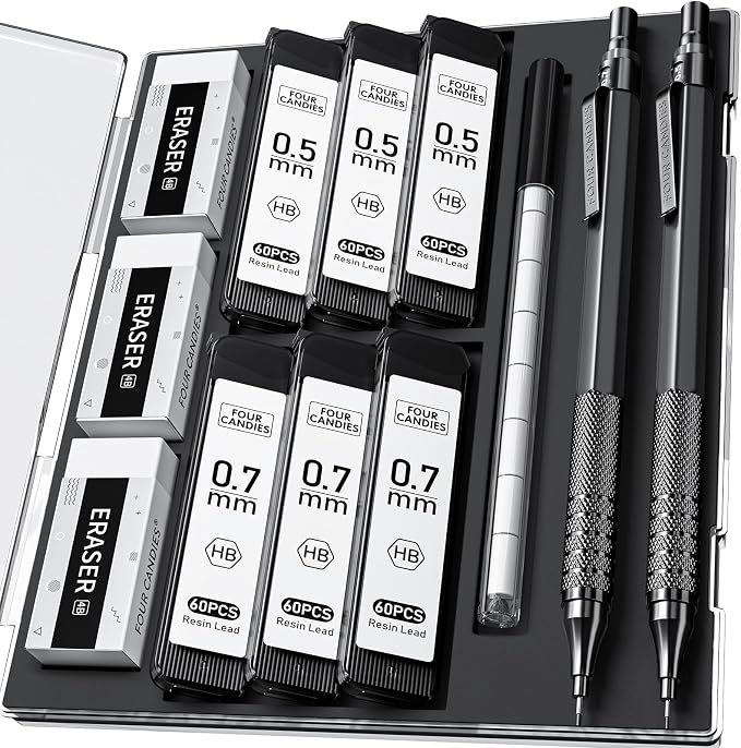 Four Candies 2PCS 0.5mm & 0.7 mm Metal Mechanical Pencils Set, 12 Erasers by FourCandies