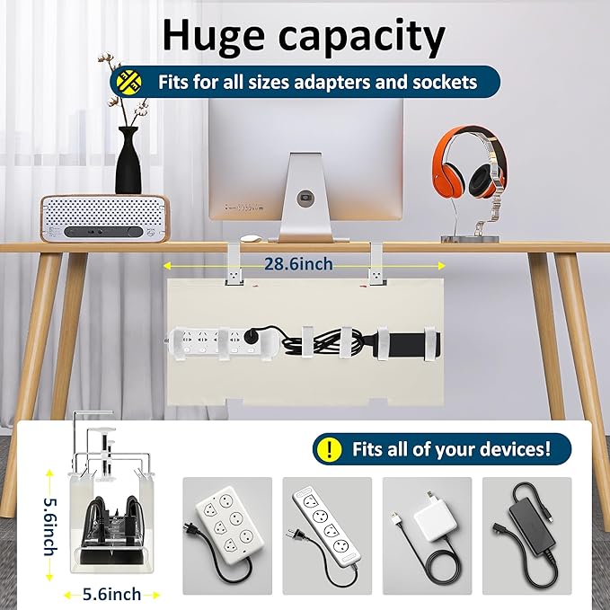 28" Small Under Desk Cable Management Tray No Drill, Compact Clamp On Cord - Image 2