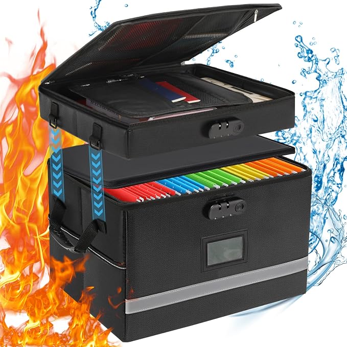 EXLIFBAG 2 Layer File Box with Lock, Portable Document Organizer Box with Handle by EXLIFBAG