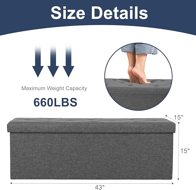 DUMOS 43 Inch Folding Storage Ottoman Bench, Large Hidden Storage Chest - Image 3