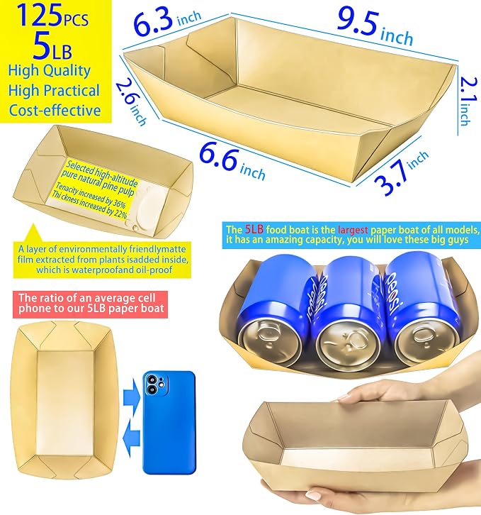 125 Pack 5LB Extra Large Paper Food Boats Trays Disposable Paper Boat Plate - Image 2