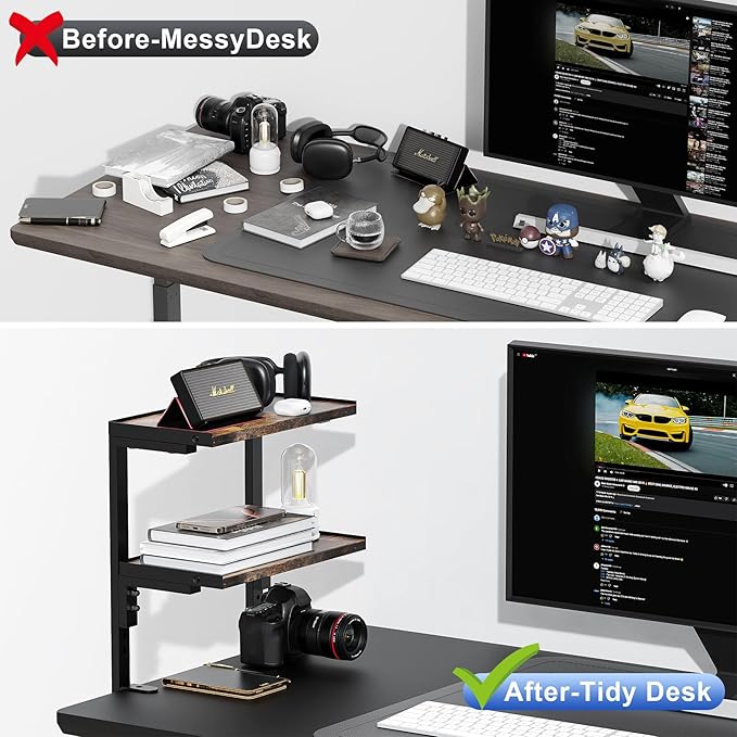 2-Tier Desk Shelf Desk Organization, Wood | Expandable Under Desk Storage Clamp - Image 3