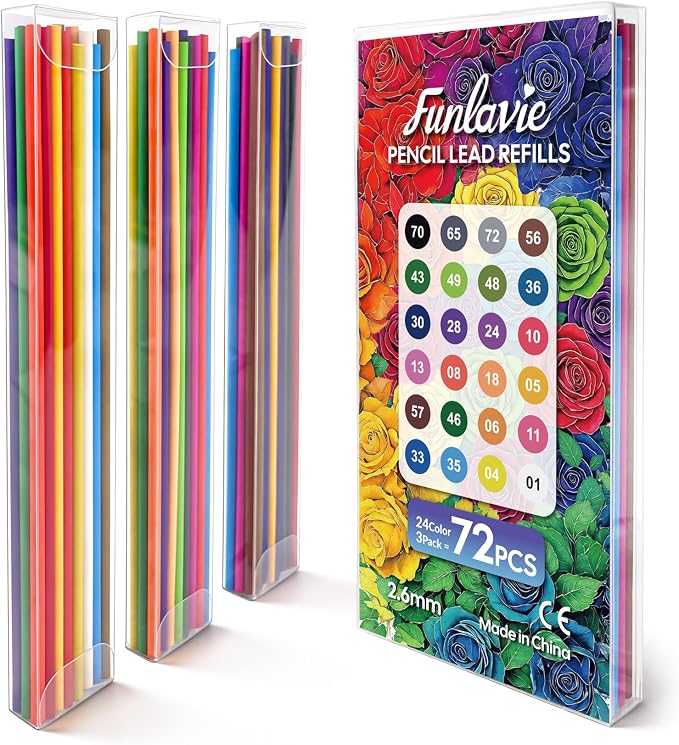 2.6MM Colored Mechanical Pencil Lead Refills, 24 Assorted Color Pencils Refills by FUNLAVIE