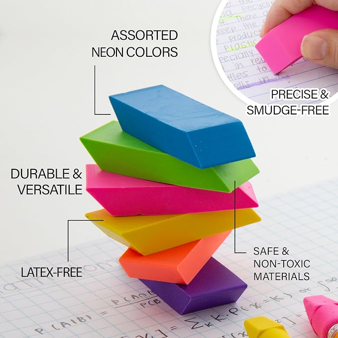BAZIC Products Bevel Block Erasers, neon beveled block erasers, PVC-free rubber - Image 3