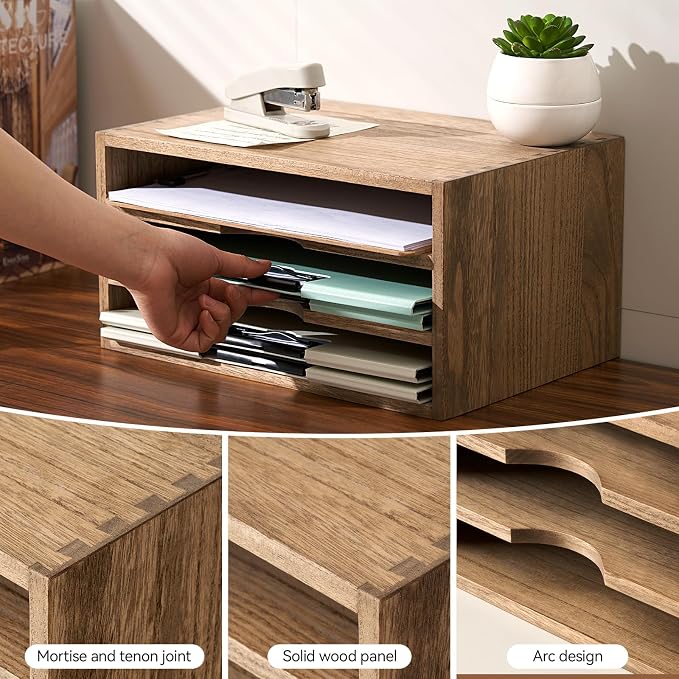 KIRIGEN Wooden Desktop Organizer, 3 Tier Solid Wood Letter Tray and Paper File - Image 6