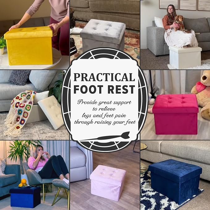 LINMAGCO Storage Ottoman Folding Foot Stool Velvet Foot Rest - Image 3