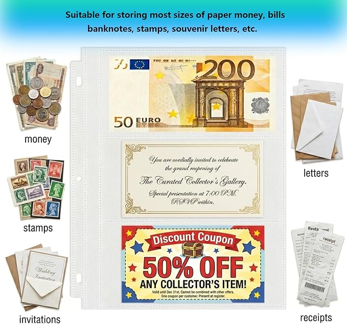 Aegero 50 Pack （7.6x3.6inch ） 3 Pockets Currency Sleeves - Image 4