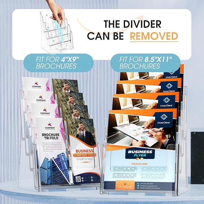 MaxGear 4 Tier Brochure Holder, 8.5 x 11, Removable Divider, 2 Pack | Clear - Image 3