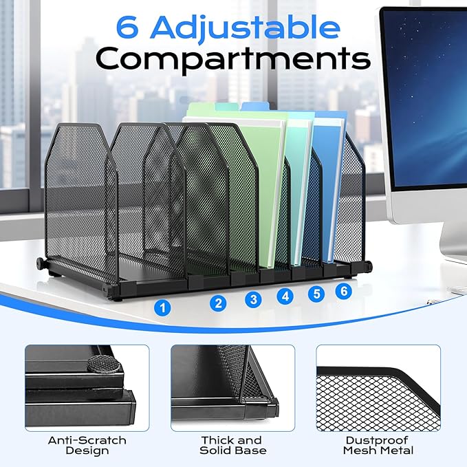 Adjustable File Organizer for Desk, 6 Sections Vertical File Folder Holders - Image 3