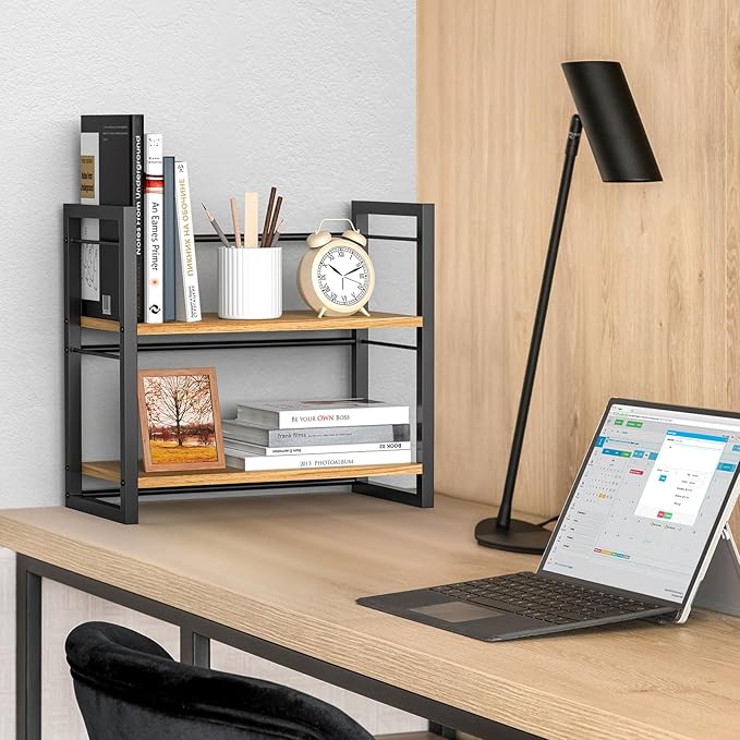 Office Desk Shelf Organizer, Wood Desktop Bookshelf Supplies Storage Rack - Image 5