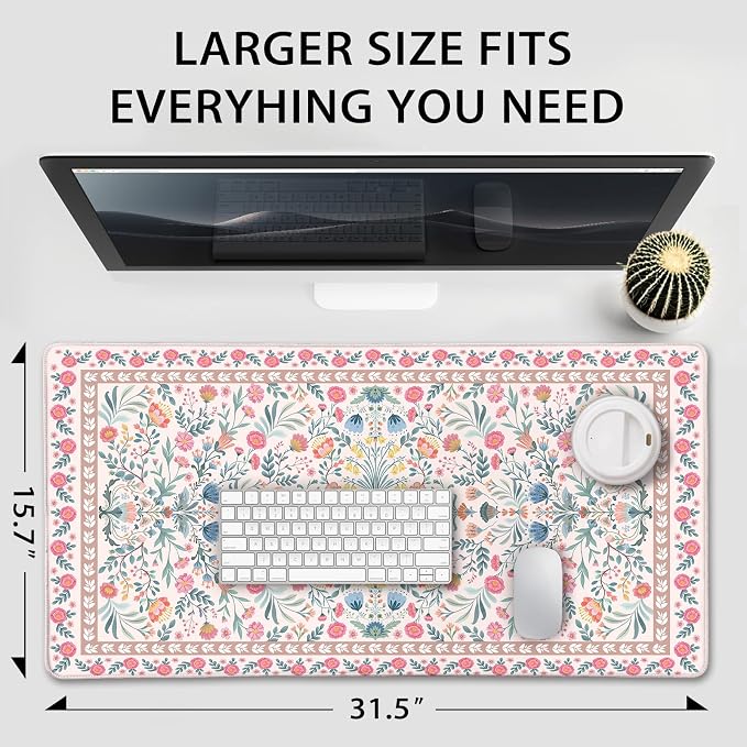 Pink Floral Desk Mat 31.5"x15.7" | Extra Large Mouse Pad, Non-Slip Rubber Base - Image 4