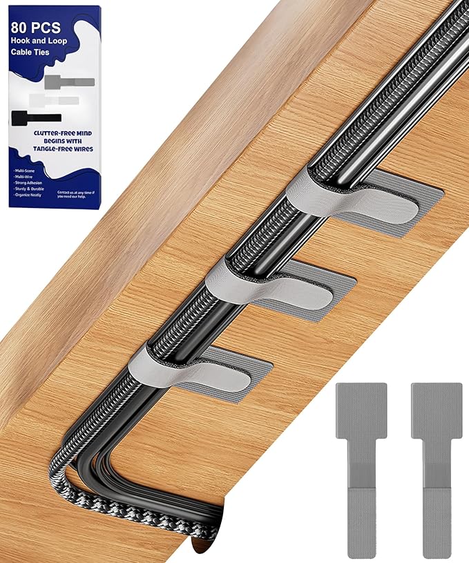 80PCS Hook and Loop Cable Ties, Under Desk Cable Management, Adhesive Cable by BTPIEL