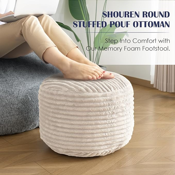 SHOUREN Stuffed Round Ottoman, Corduroy Pouf Ottoman Foot Rest - Image 7
