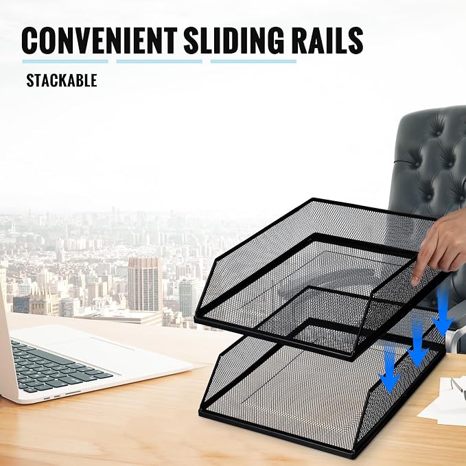 Hicarer 4 Pcs Black Metal Letter Tray Stackable Desk Tray Single Wire Mesh - Image 5