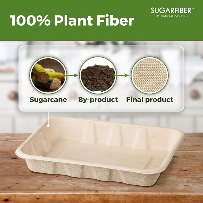 Harvest Pack 22 oz Compostable Food Trays, 8.49" x 6.45" x 1.3" Disposable PFAS - Image 3