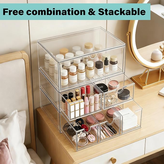 Prsildan Acrylic Makeup Organizer, 3 Pack Stackable Clear Storage Drawers - Image 5