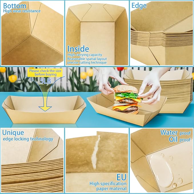 100 Pack 5LB Extra Large Paper Food Boats Trays Disposable Paper Boat, Heavy - Image 3