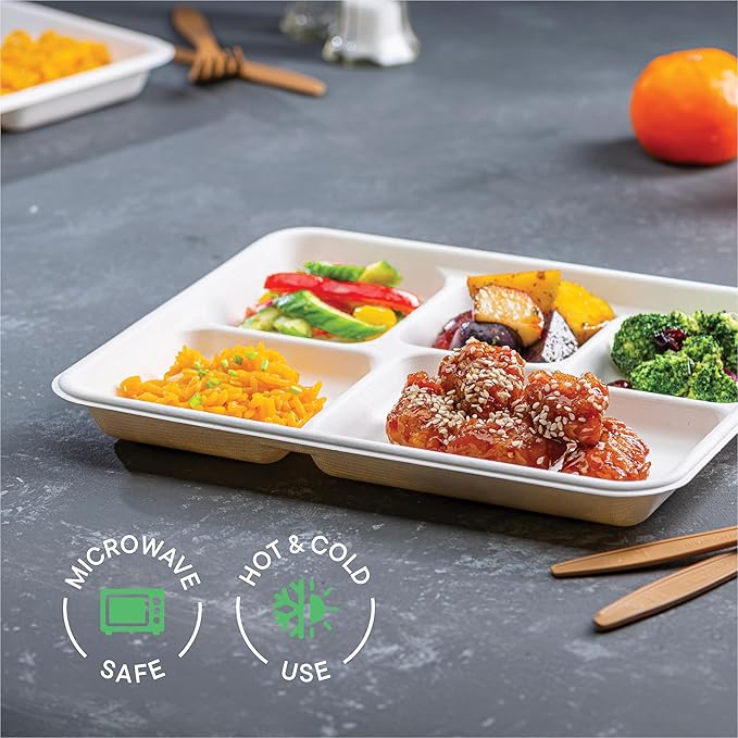 100% Compostable Paper Plate 125-Pack 5-Compartment Bagasse School Lunch Tray - Image 5