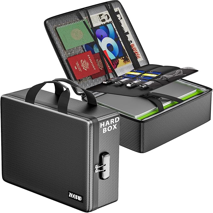 Fireproof Document Box with Lock, 16.3”×12.2”×4.9” | Hard Document Organizer by ZOOPIP