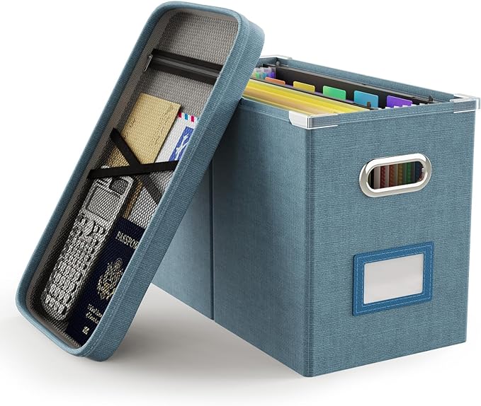 Oterri File Organizer Box with Lid, Hanging Filing File Box with Mesh Pocket by Oterri
