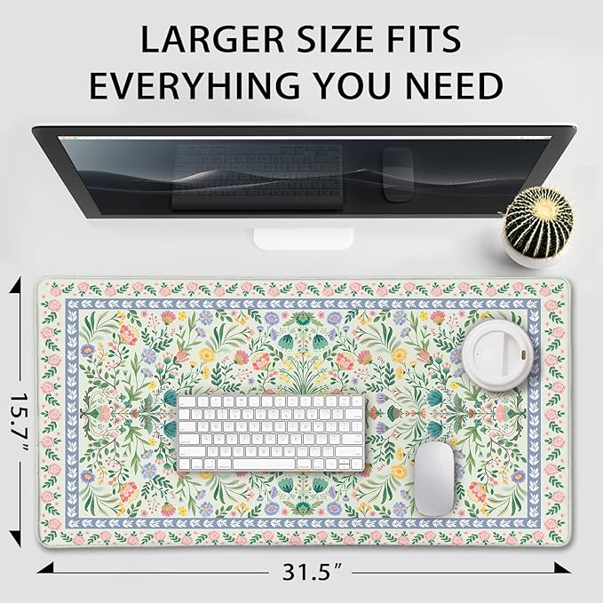 Green Floral Desk Mat, 31.5"x15.7" Large Mouse Pad, Anti-Slip Rubber Base - Image 4