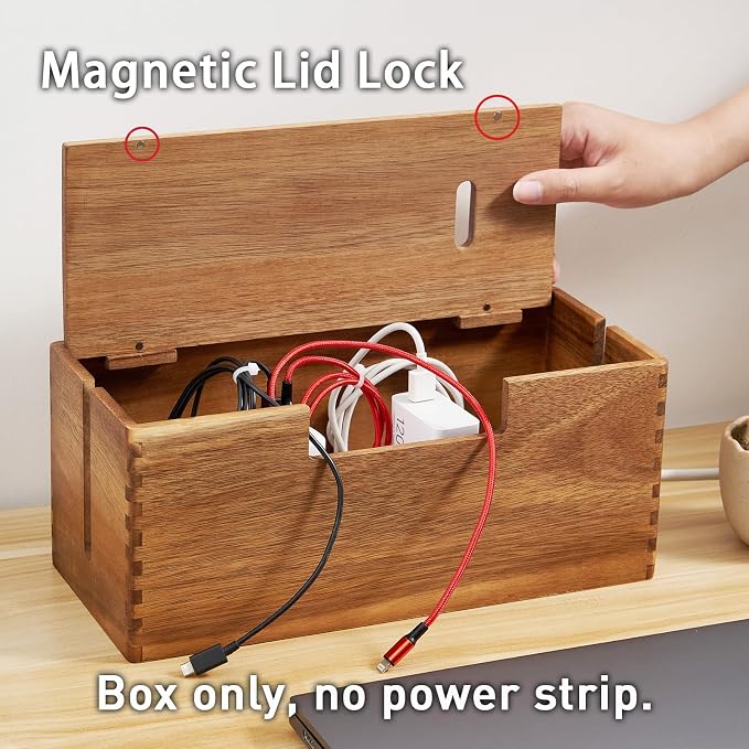 LiTY Acacia Wood Cable Management Box, Wooden Cord Hider & Organizer - Image 3