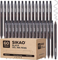 Black Gel Pens Bulk, 60 Pack Retractable Black Gel Ink Pens | 0.7mm Fine Point by Sikao