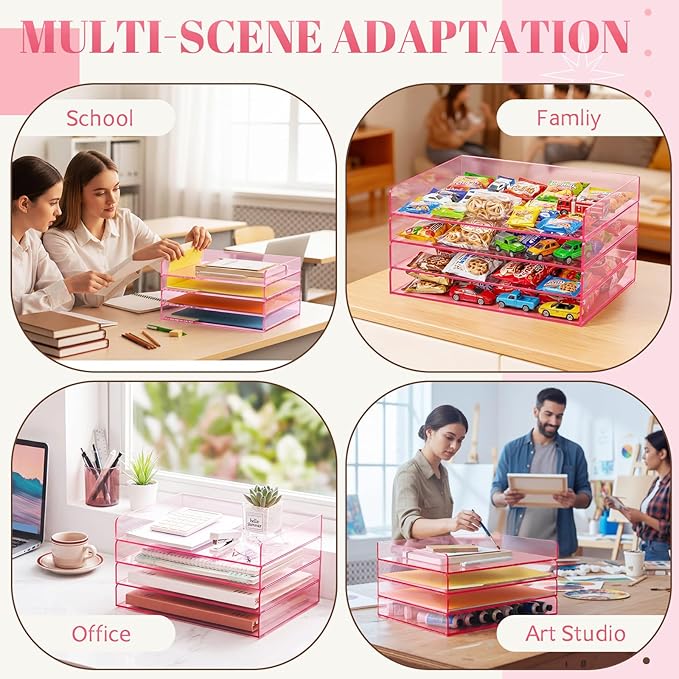 Harloon 4 Tier Clear Hot Pink Acrylic Paper Organizer Letter Tray, Aesthetic - Image 6