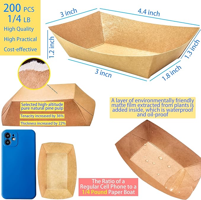 200 Pack Small Paper Food Trays, 0.25 Lb Disposable Kraft Food Boats, Take Out - Image 2