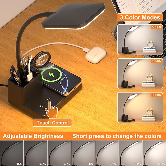 Desk Lamp, Table Lamp with Wireless Charger & USB Port, 800LM CRI95 3 Color - Image 5