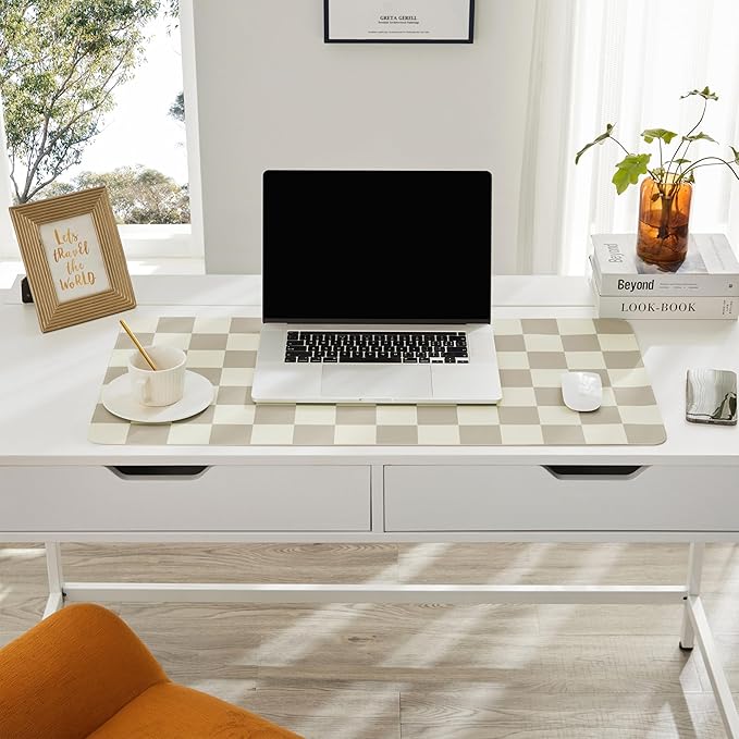 Ohocut Checkered Desk Mat, 31.5" x 15.7" Large Cute Beige Khaki Aesthetic Retro - Image 2
