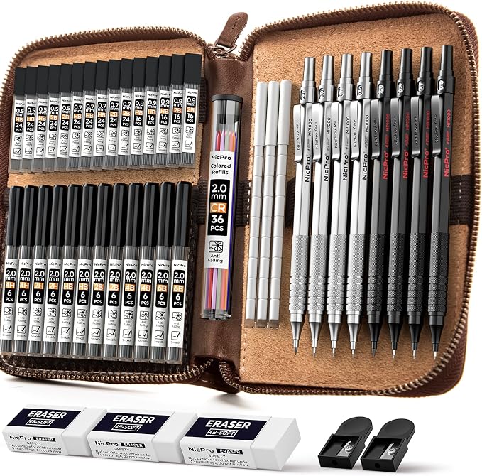 Nicpro 45PCS Black & Silver Metal Mechanical Pencil Set in Leather Case by Nicpro