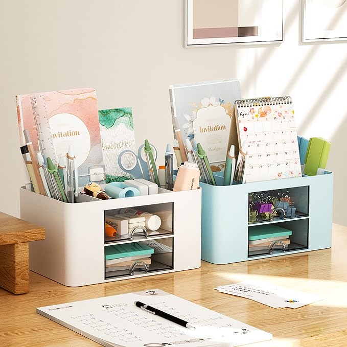 Marbrasse Pen Organizer with 2 Drawer, Desk Organizers and Accessories with 5 - Image 3