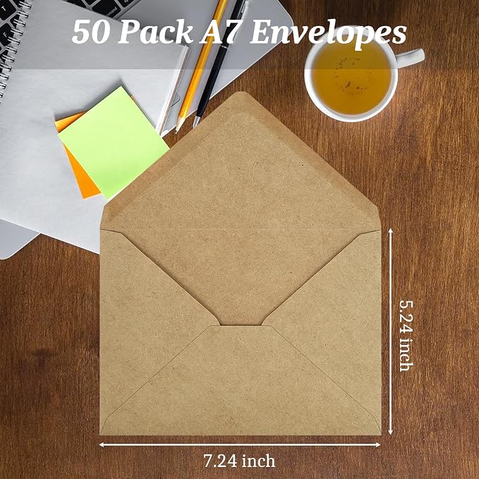 50 Pack A7 Envelopes, Kraft Greeting Card Envelopes Self Seal, 5.24 x 7.24 in - Image 3
