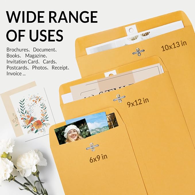 SUNEE 9"x12" Envelopes, 28-lb Heavyweight Kraft Paper, - Image 6