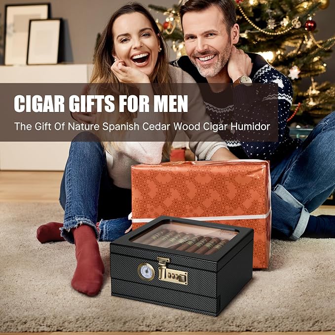 Tesonway Cigar Humidor, Cedar Wood Humidor Cigar Box, Glass Top Desktop Humidor - Image 8