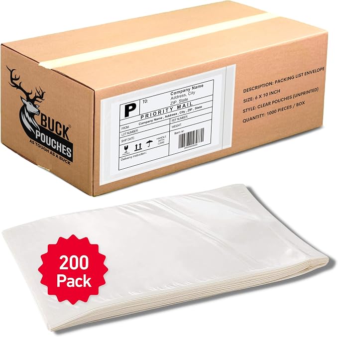 200 Pack 6"x10" Shipping Label Sleeves – Clear Self-Adhesive Packing Slip by BuckUSA