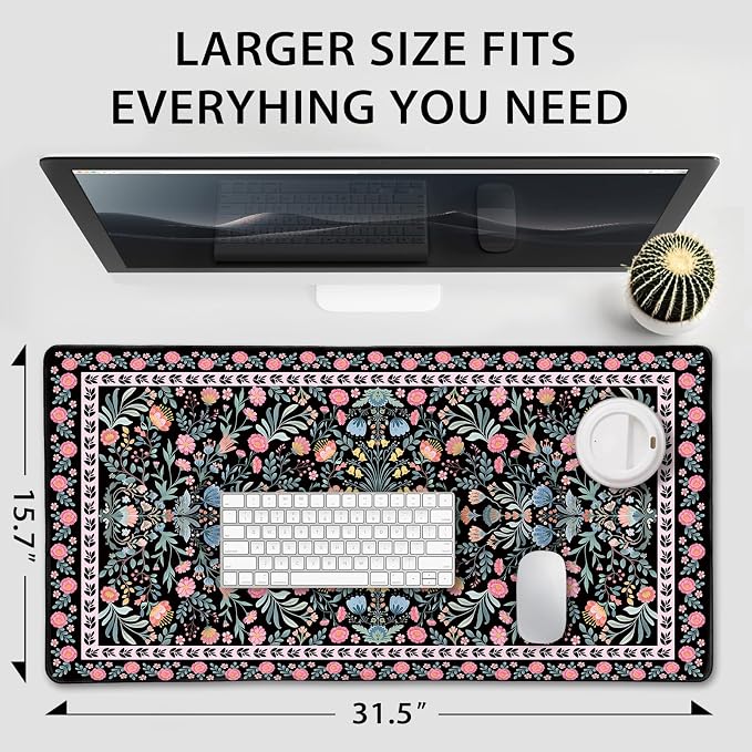 Black Floral Desk Mat, 31.5"x15.7" Large Mouse Pad, Anti-Slip Rubber Base - Image 4