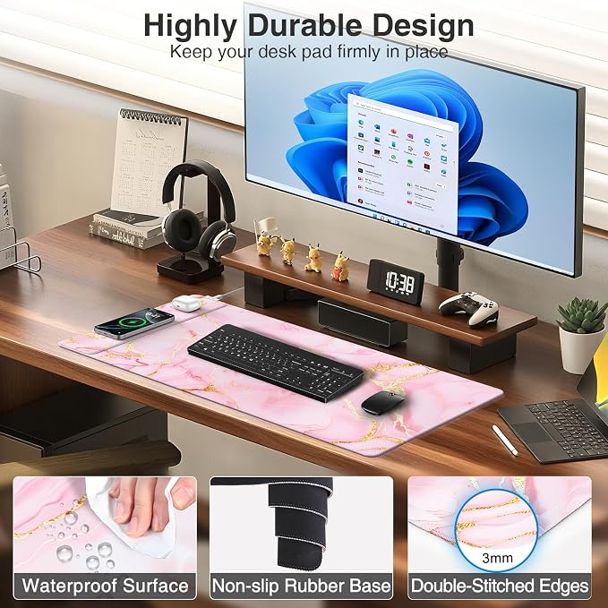 Pink Marble Mouse Pad with 15W Wireless Charging, 31.5"x15.8" Large Gaming Desk - Image 6