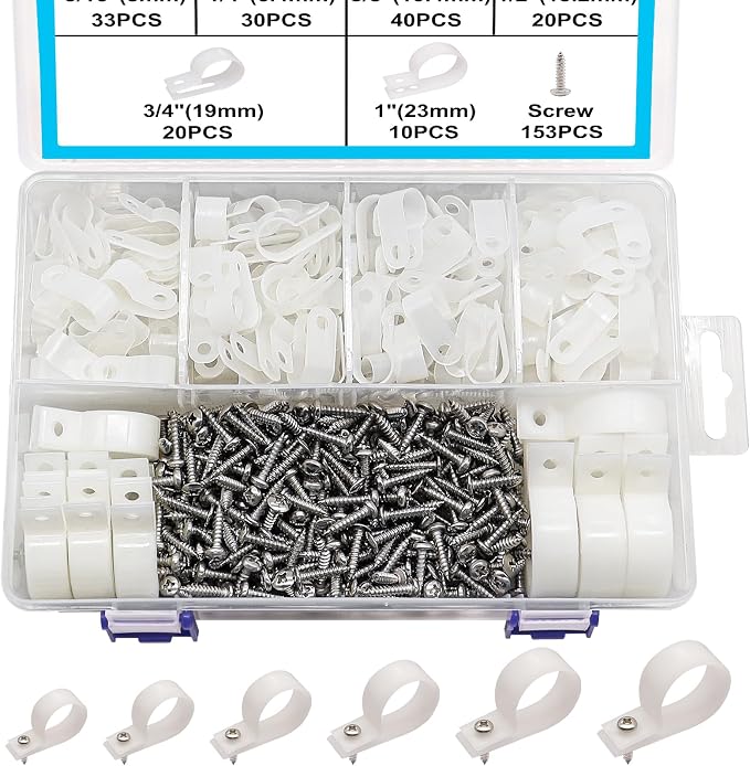 TWTADE 306PCS White Cable Clamps Assortment Kit, Nylon Plastic R-Type 6 Sizes by TWTADE