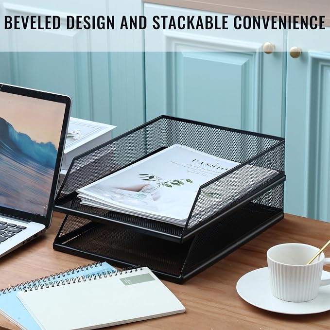Hicarer 2 Pcs Black Metal Letter Tray Stackable Desk Tray Single Wire Mesh - Image 2