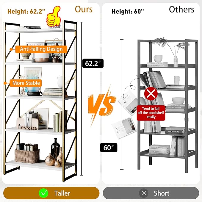 Shintenchi 2 Pieces 5 Tiers Bookshelf, Classically Tall Bookcase Shelf - Image 4