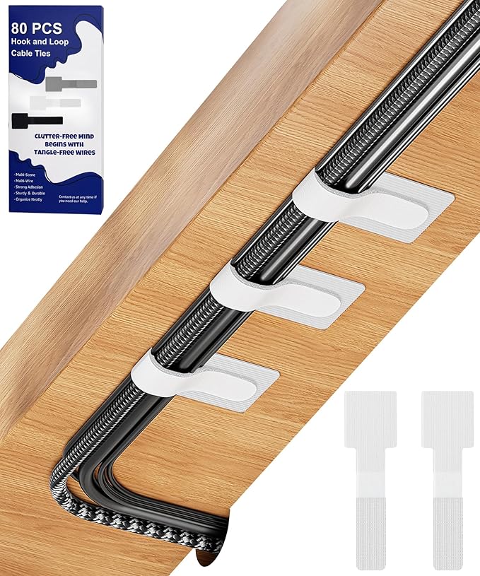 80PCS Hook and Loop Cable Ties, Under Desk Cable Management, Adhesive Cable by BTPIEL
