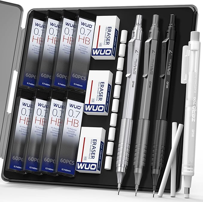WUO 0.7mm Mechanical Pencil Set, 3 Metal Drafting Pencils by WUO