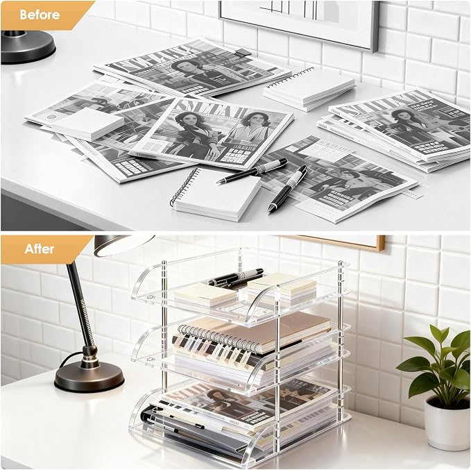 Desk Organizer and Storage, 3-Tier File Paper Tray Organizers, Stackable Clear - Image 2
