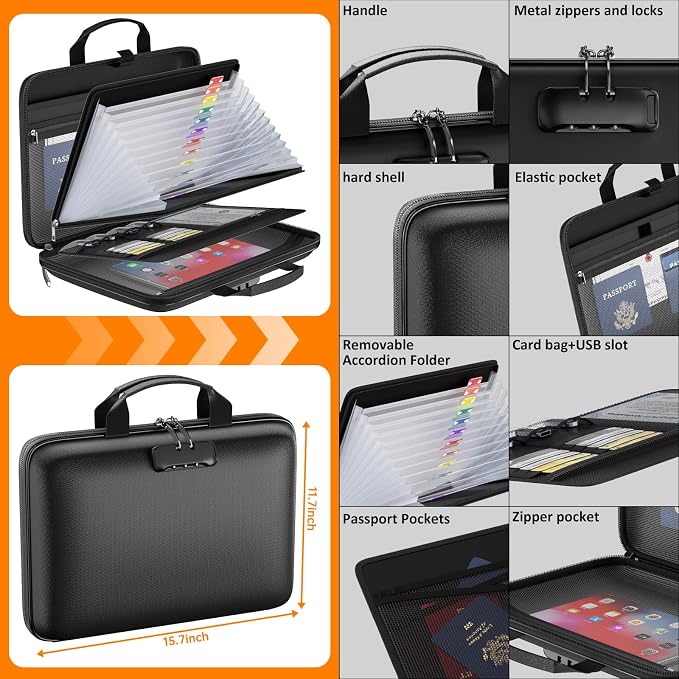 Fireproof File Organizer with Lock, Hard Case Fireproof Document Box with 13 - Image 4
