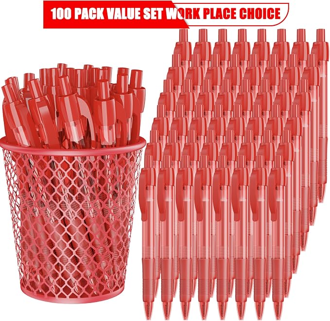 deegtran Pens Bulk, 100 Pack No Bleed Red Ink Click Pens - Image 2