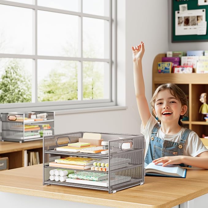 Subekyu 2-Pack 3-Tier Silver Metal Mesh Desk Paper Letter Tray & File Sorter - Image 4