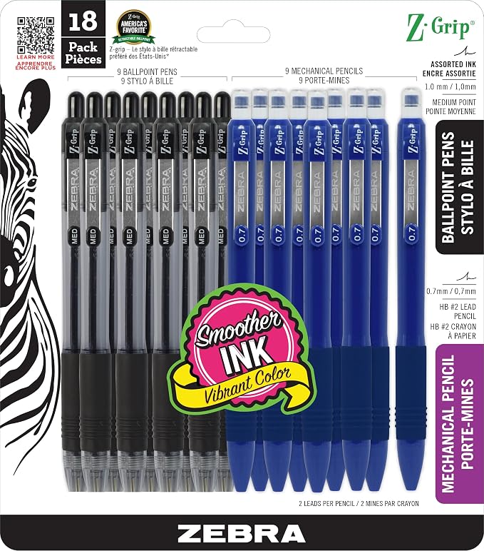 Zebra Pen Z-Grip Writing Set, Retractable Ballpoint Pens and Mechanical Pencils by ZebraPen