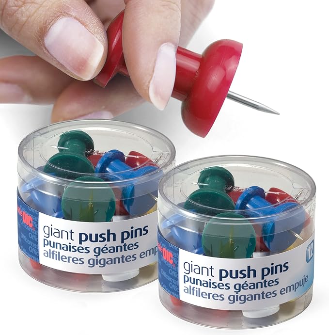 Officemate Giant Push Pins, 1.5" Assorted Colors, 2 Tubs of 12 by Officemate
